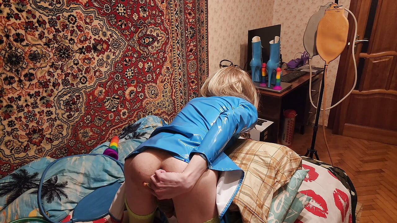 Femboy in fetish blue pvc dress have anal very long deep extreme colon sex toy homemade