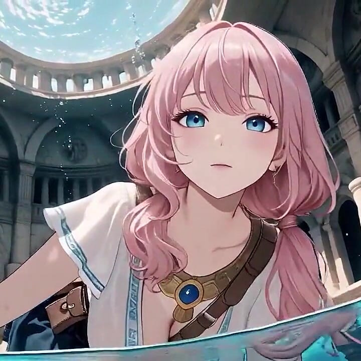Underwater Fantasy Pink-haired Girl in a Sailor Suit Lounging Lazely, Fingertips Touching the Water as Sunlight Wets Her Skin.