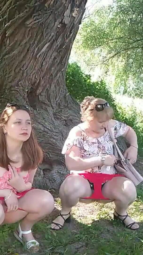 Two women girl and mature milf took off red panties peeing on side of road in public Pee Outdoor Outside  Lesbians kiss | Clip 1