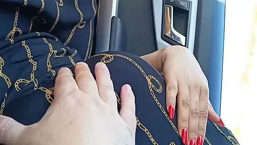 Real public red nails hand job in the car with cum