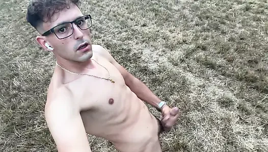 German boy jerks off naked outside and cums