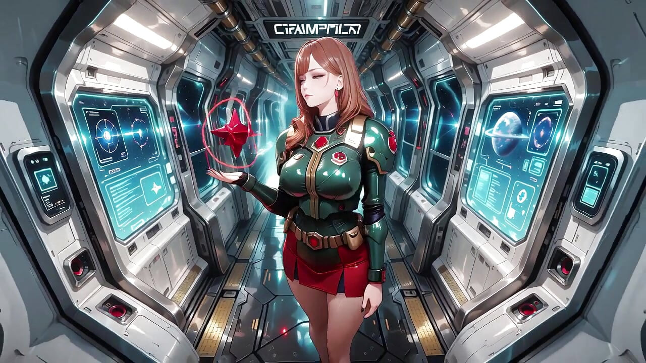 Inside the Sci-Fi Train, she wears a tight green armor, touching her red lips while gazing at the galaxy through the porthole.