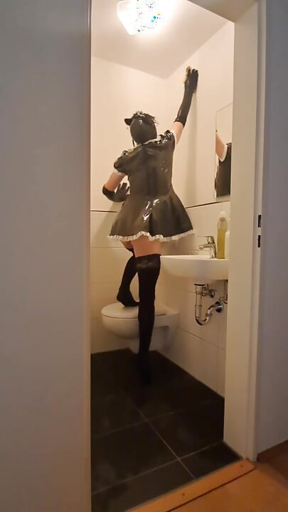 Caged Sissy Maid Slave - Cleaning the Bathroom for Mistress and Her Boyfriend