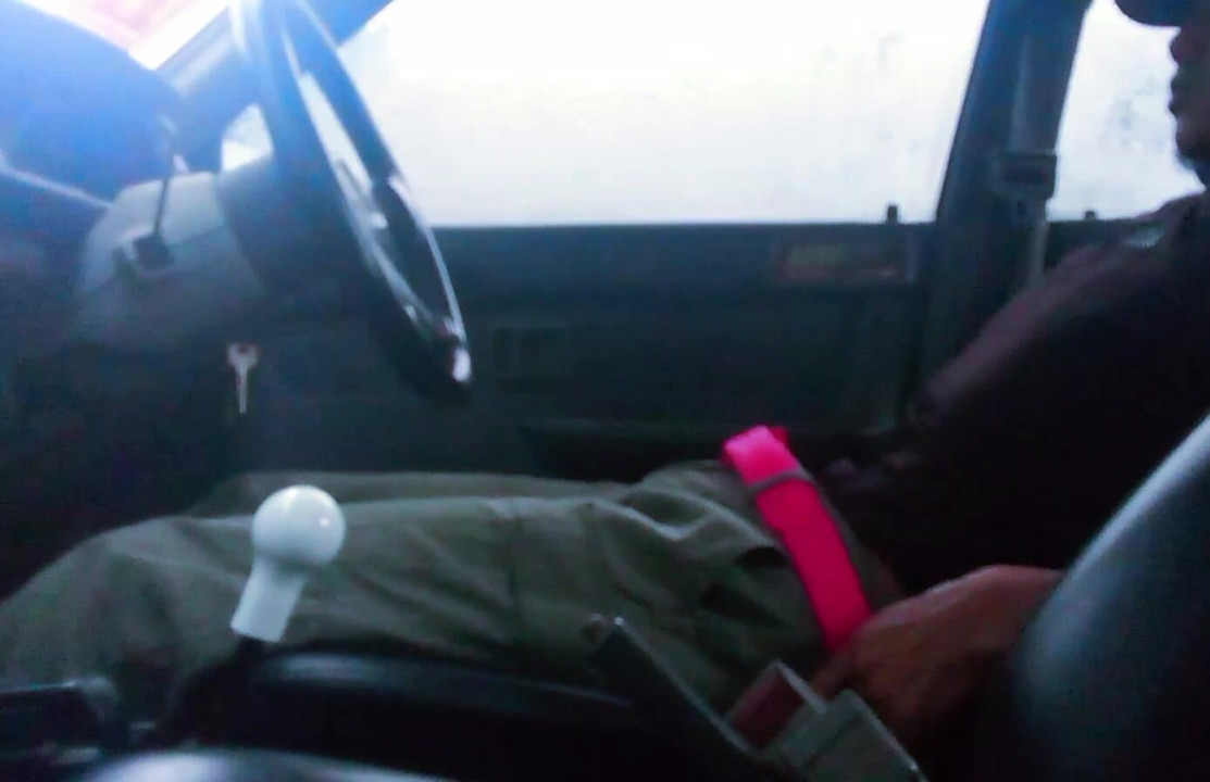 Alone at home with hard pink belt