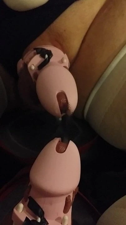 Crossdresser cums in pink chastity magic wand