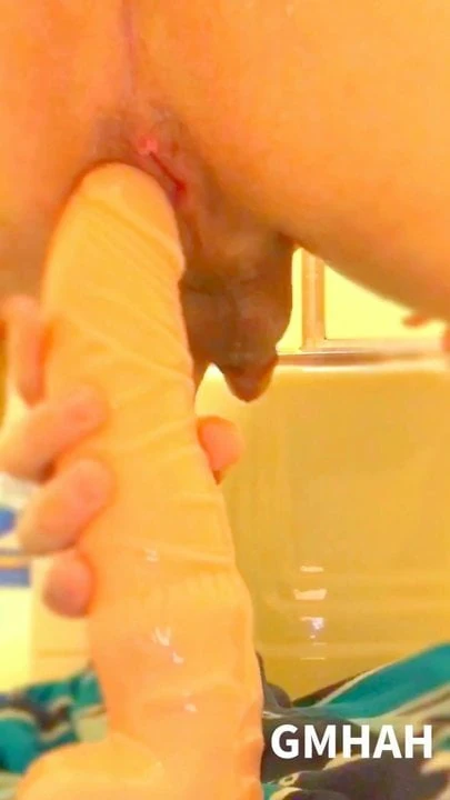 Me Gaping Twink Ass Huge Dildo in Bathroom Fist and Feet