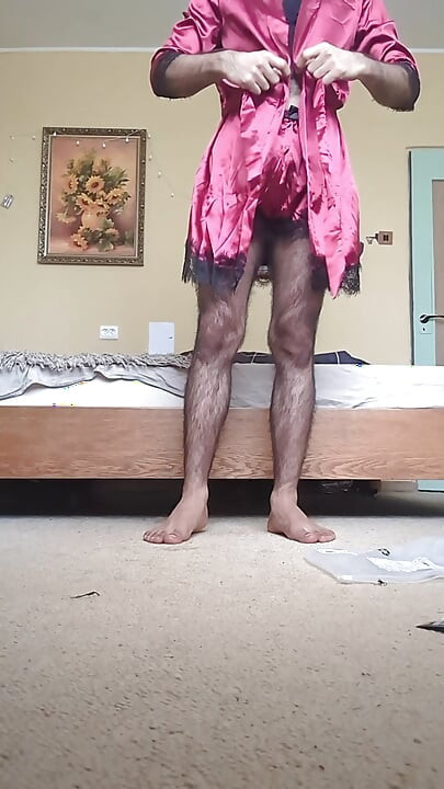 Crossdresser sissy showing new silk nighty and sucked dildo and fucked by colourful beautiful big dildo