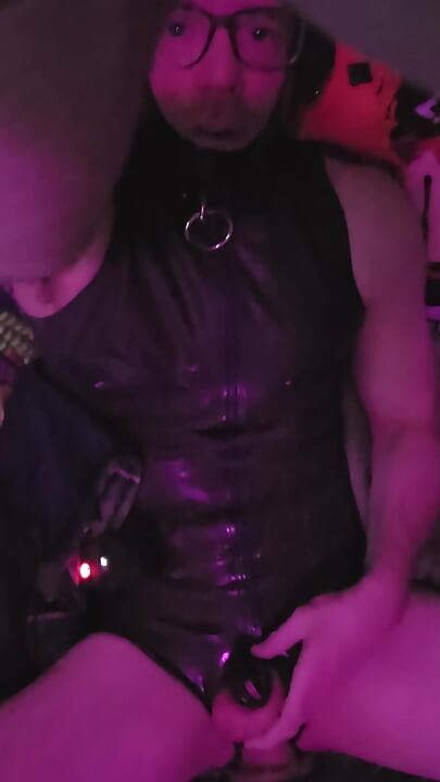 Rubber submissive sissy locked in chastity and fucked in the ass by machine