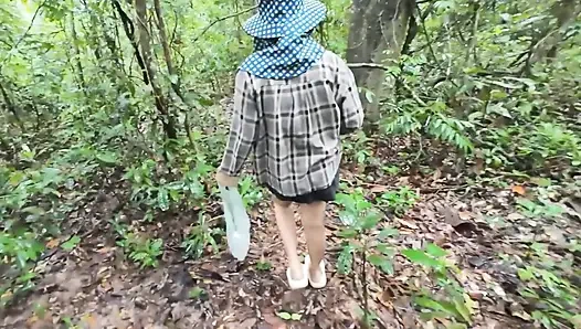 Thai girls walking and talking and picking mushrooms in the forest, secretly showing in the deep forest Clear Thai voice