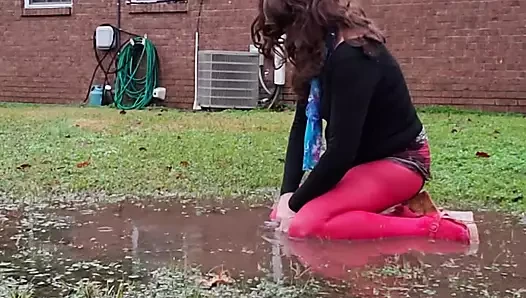 Cuddle Puddle porn video – Cd, outdoors pantyhose puddle play and shower off dressed up after.