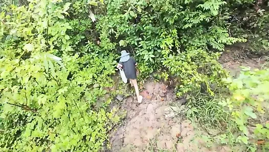 Thai Girl Walking Showing Along the Side of the Field Road in the Countryside Thai Outdoor Public