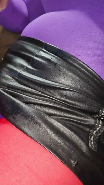 CD, pov, cums twice in my leather miniskirt and pantyhose.