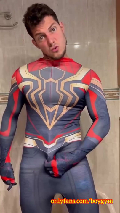 I cum without hands in the spiderman suit