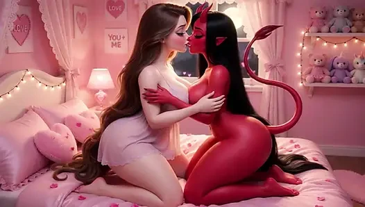 Red Desire Awakens dalam Panggilan Penuh Gairah di Ranjang Merah Muda (AI generated)