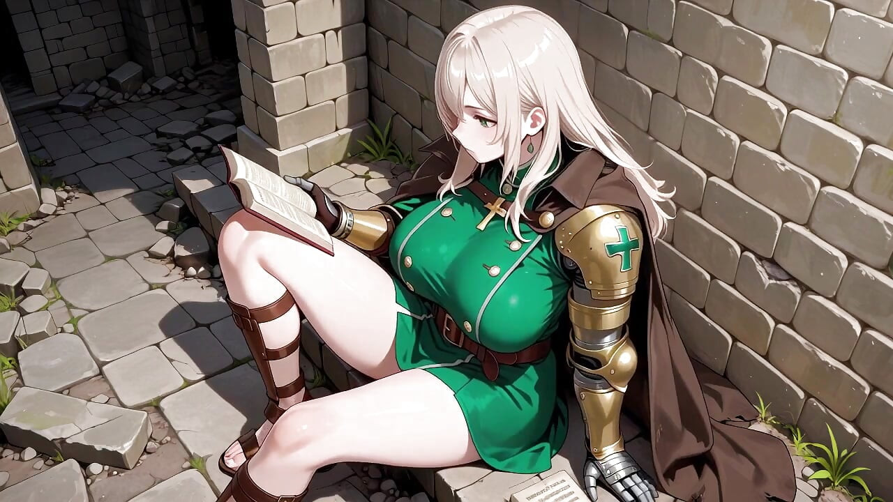 Blonde Knight's Afternoon! Green Uniform Golden Mechanical Arms, Lazily Contemplating in Ancient Stone Ruins.