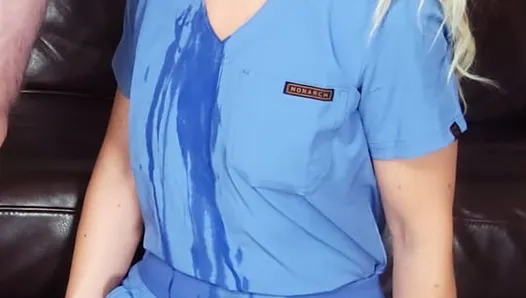 Sloppy nurse BJ soaks thru the scrubs