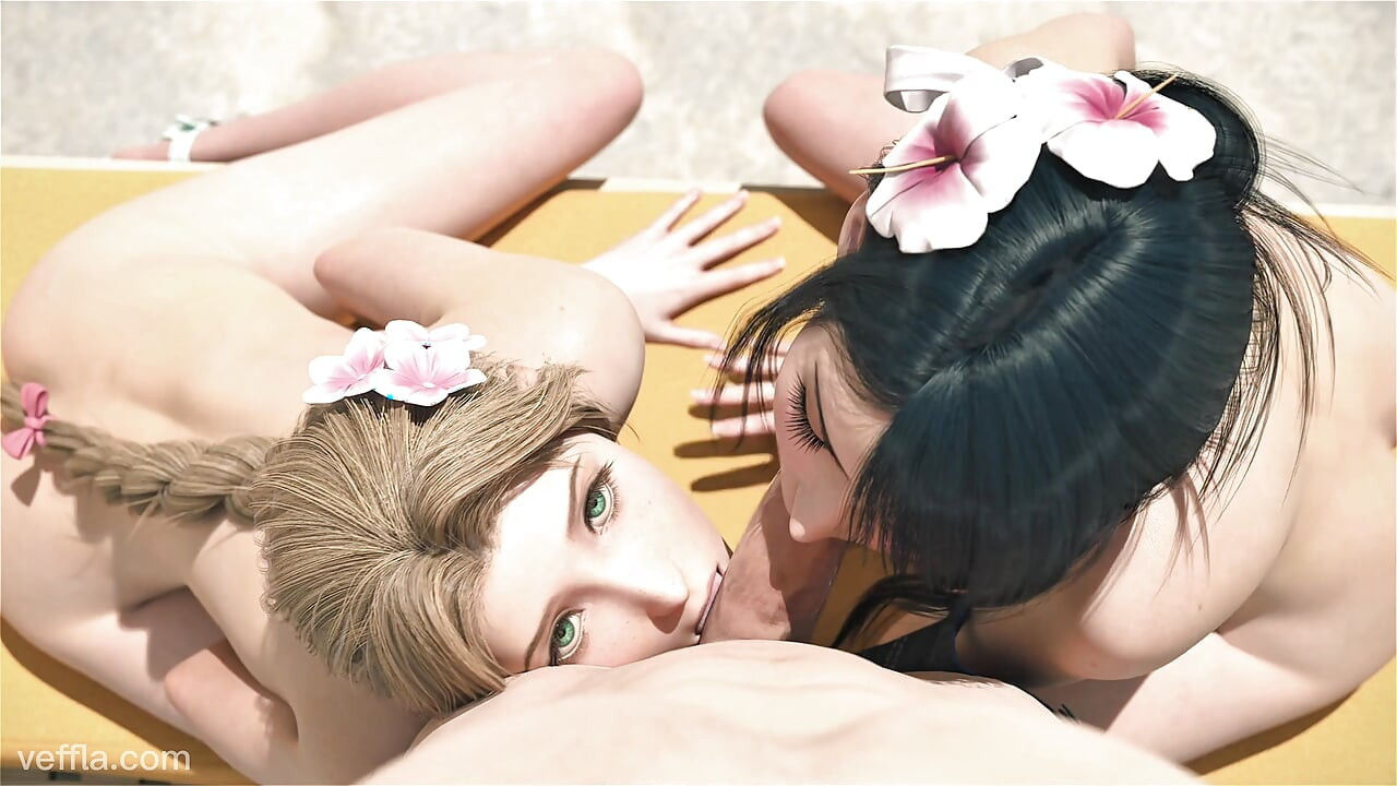 Tifa's Revers Cowgirl Ride - Cloud's Cock Deep in Her Pussy enquanto Aerith assiste e se junta à FF7 Hentai Animation
