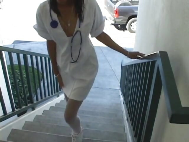 Hot black nurse gets her pussy slammed on the table
