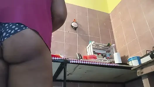 Fat buttock cooking in panties and shows hairy