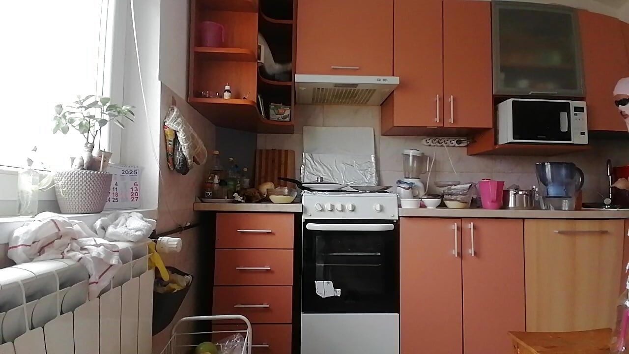 Sexy brunette doing naked chores around the house.