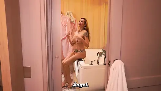 Busty stepmom ends up fucking her muscular stepson after he catches her in the bathroom