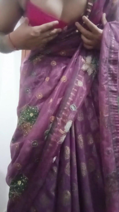 Indian Gay Crossdresser Bottom Gaurisissy showing her big boobs in purple saree | Clip 1