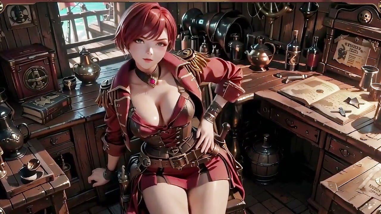 Redhead Pirate Captain! Playing with Her Cutlass in a Vintage Ship Cabin.