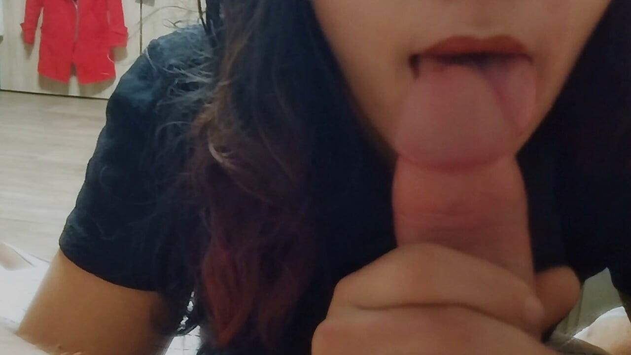 My little stepsister is learning to give blowjobs on my cock.