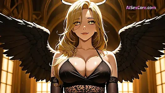 Si cantik ilahi dengan sayap yang hancur disetubuhi dengan keras dan berlumuran air mani oleh kekasih mortal (AI Porn)