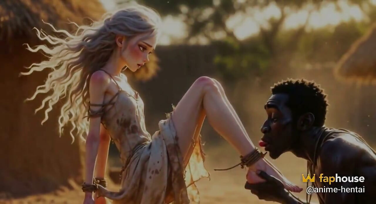 White Woman in Bondage - African Man Passionate Foot Licking