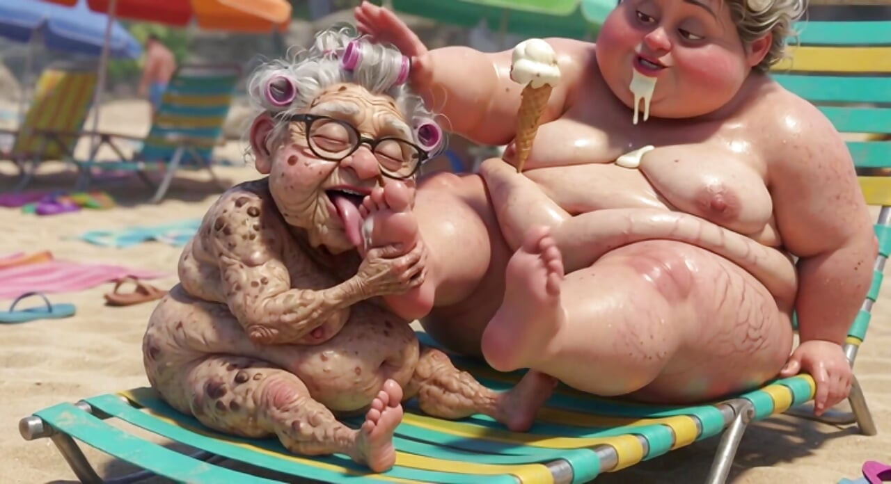 Une vieille mamie suce passionnément les pieds d’une BBW sur la plage