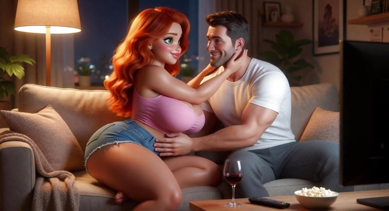Steamy Night Alone: Young Woman Gives In to Passion with Stepfather on the Sofa (AI generated)