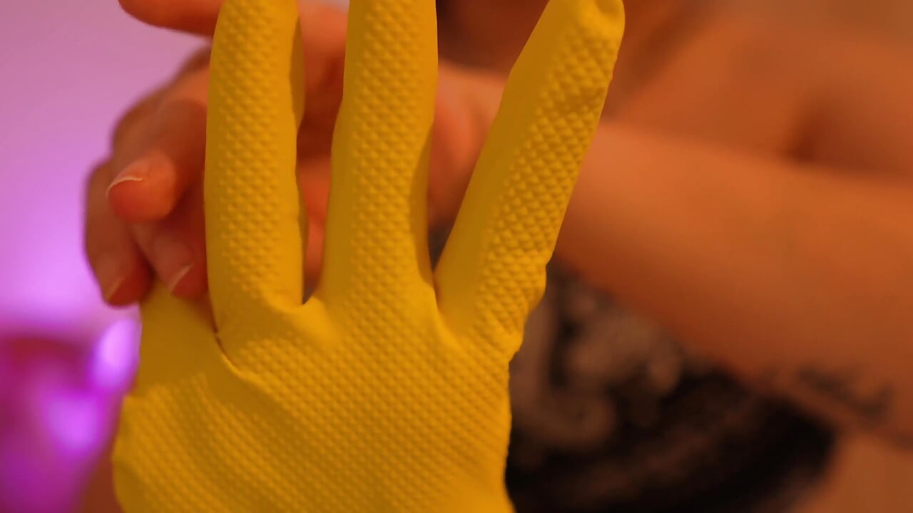 The Stepsister Shows Both of Her Gloves Because She Has a Glove Fetish. One Glove Is a Yellow Dishwashing Glove. the Other