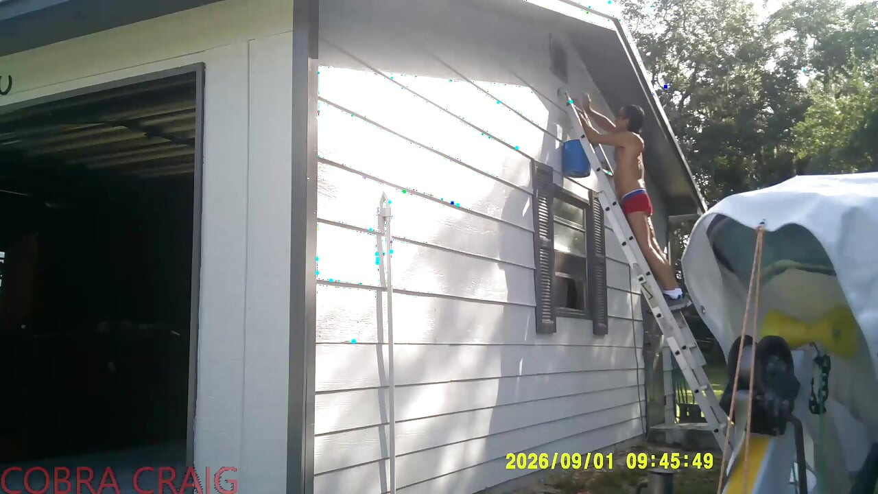 9-1-2026 COBRA CRAIG PAINTS IN HIS TINY RED SHORTS. 64YO. IN THE HEAT AND HUMIDITY.  ROCKS IT