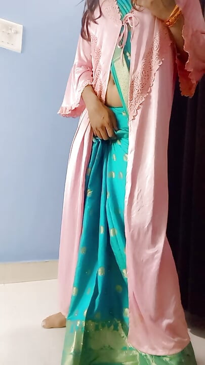 Gorgeous stepmom sexy satin. Blue saree