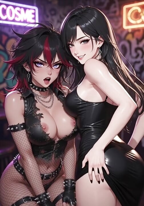 อนิเมะการ์ตูนพังค์สาวและแฟนสาวหยอกล้อแก้ผ้าและเย็ดคุณเสมือนด้วยกัน พวกเขาแก้ผ้าเย็ดเสมือนคนแรก