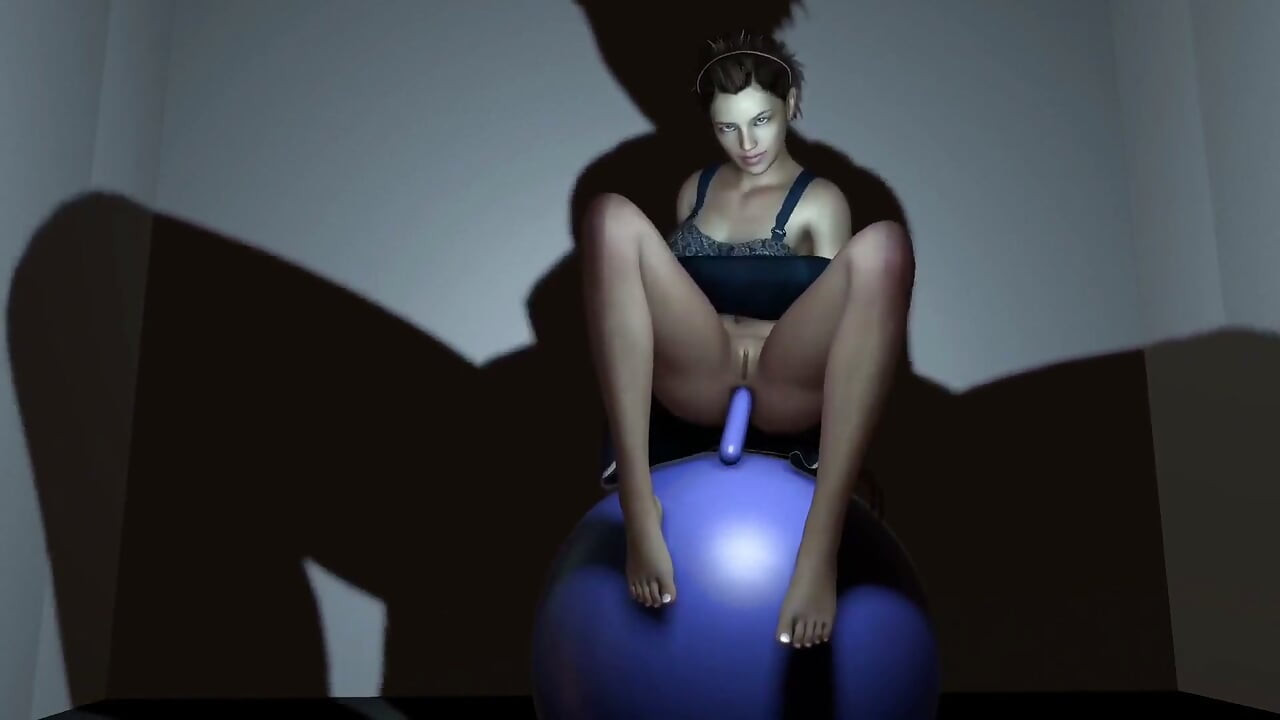 Riding a yoga ball with a plastic cock in the ass