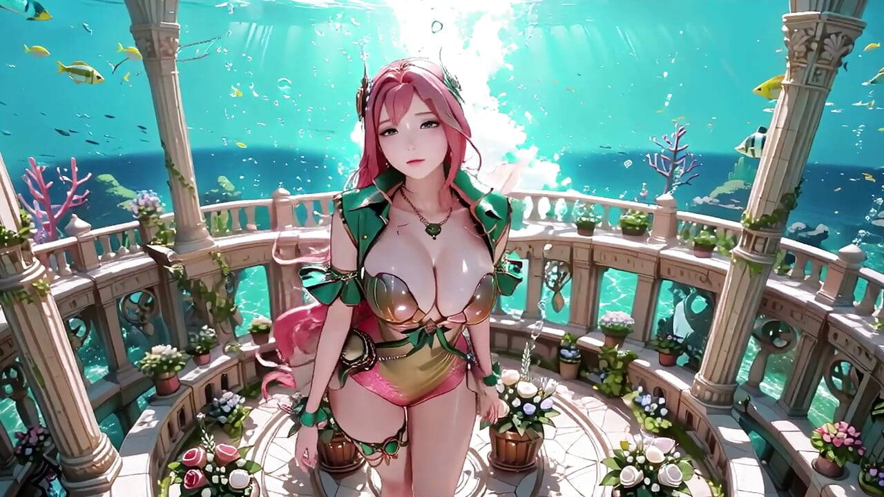 Deep Sea Fantasy! Różowowłosa Królowa Syrenka odpoczywa w lazurowym pałacu.