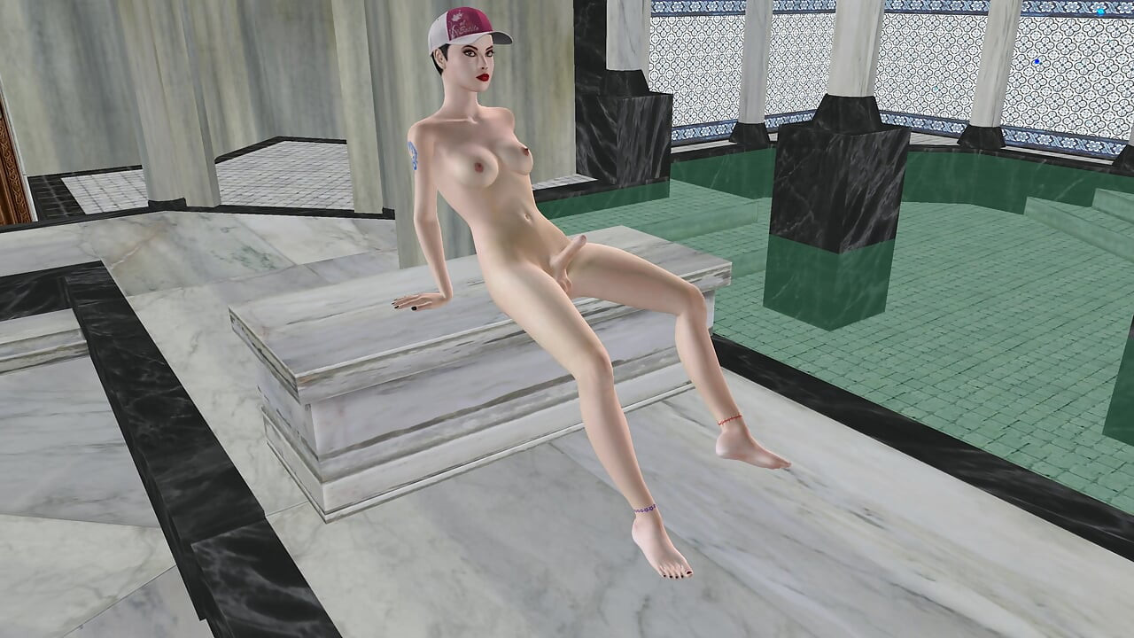 Prachtige shemale schudt lul zittend in hal 3D cartoon Hentai