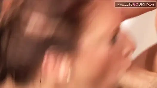 Hot babe bends over while a massive cock thrusts pussy from behind