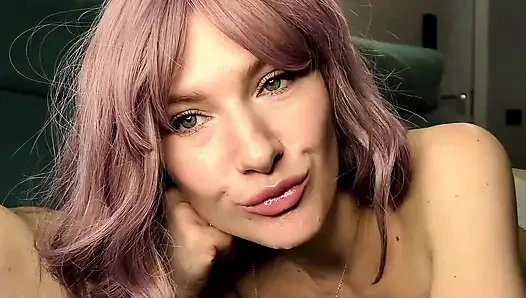 Purple-haired Neighbor Sweetly and Passionately Sucks Neighbor's Cock, Plays with Cum and Swallows Cum