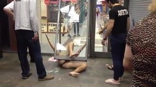 Str8 naked guy ran through a glass door