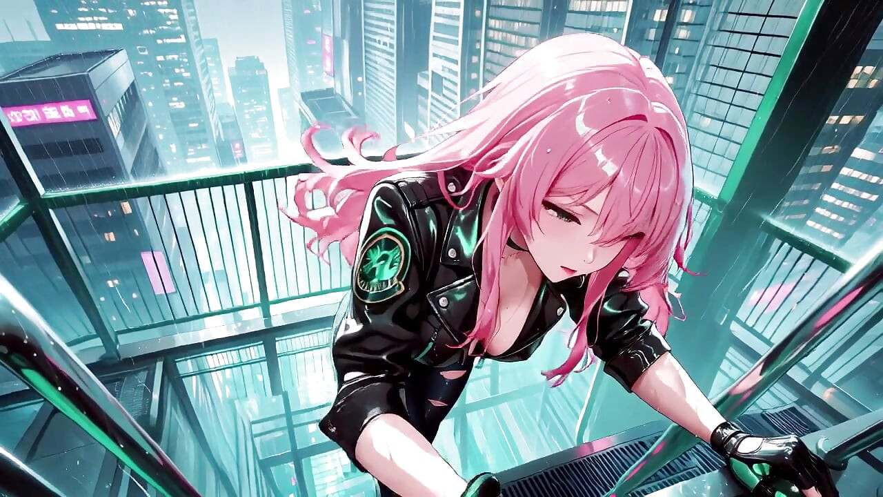 Pink-Haired Leather Tech! Private vibes in a neon-lit cyber corridor.
