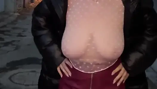 Slut with Ball Gag Outdoors: Sheer Top Big Tits and Leather Mini Skirt