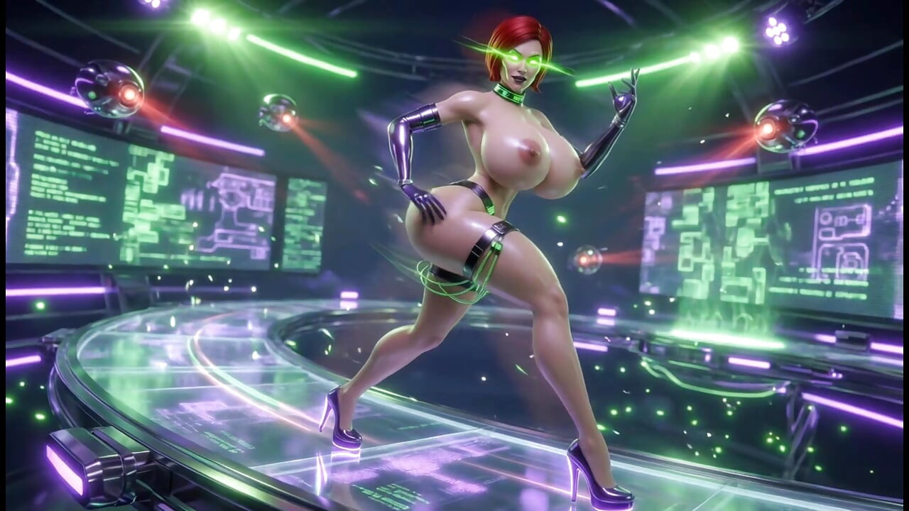 Cyber Catwalk - Nova in doorzichtige rode lingerie & futuristisch plagen"