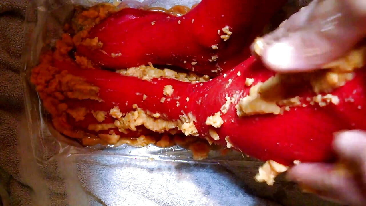 Food smearing my red nylon pantyhose feet, legs, crotch with yams and baked beans.
