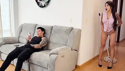 Caught masturbating! Horny MILF massages her pussy while watching her stepson!