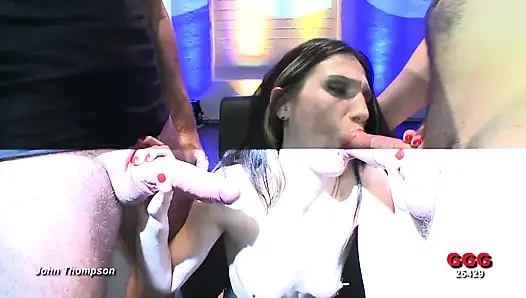 Brunette Slut Gets Gangbanged and Face Covered in Cum