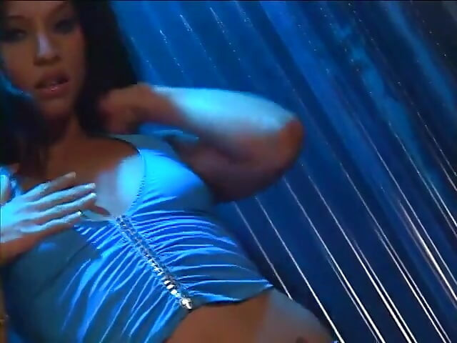 Cute brunette peacherino with slant eyes plays with dildo on the dancing floor of strip club