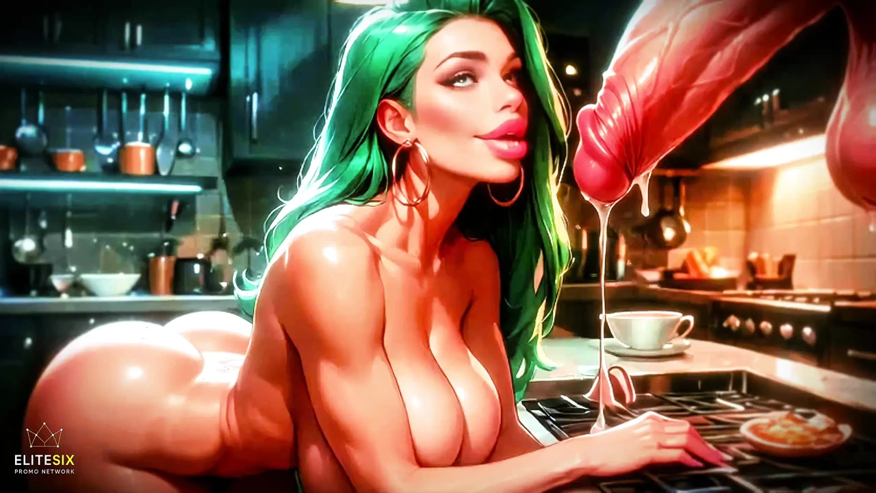 Bimbo Green Hair Big Tits Ass Huge Cock Dream Kitchen Tease (100% AI Generated)